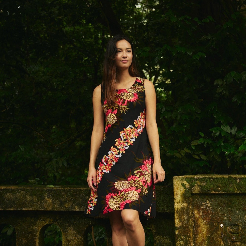 Vtg 90's Hilo Hattie Hawaiian Original Dress XS Black‎ Tropical Pineapple Rayon